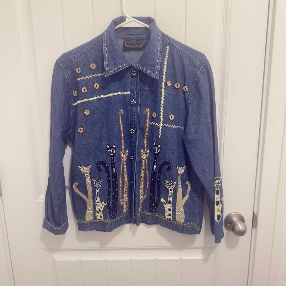 Life Style Women's Jean Button Up Shirt Unique Cat Design Petite Size SP